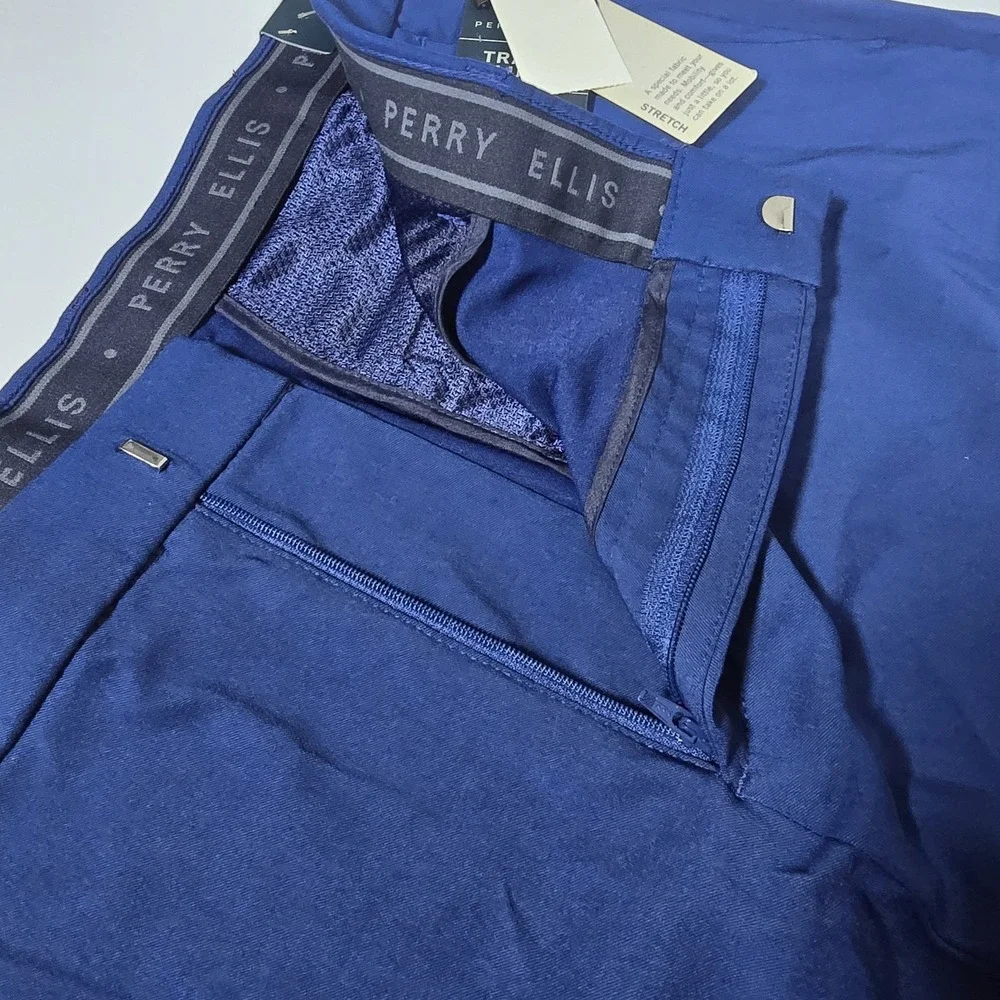 Perry Ellis Travel Luxe Slim Straight Dress Pants 40x32 Estate Blue NWT Flex